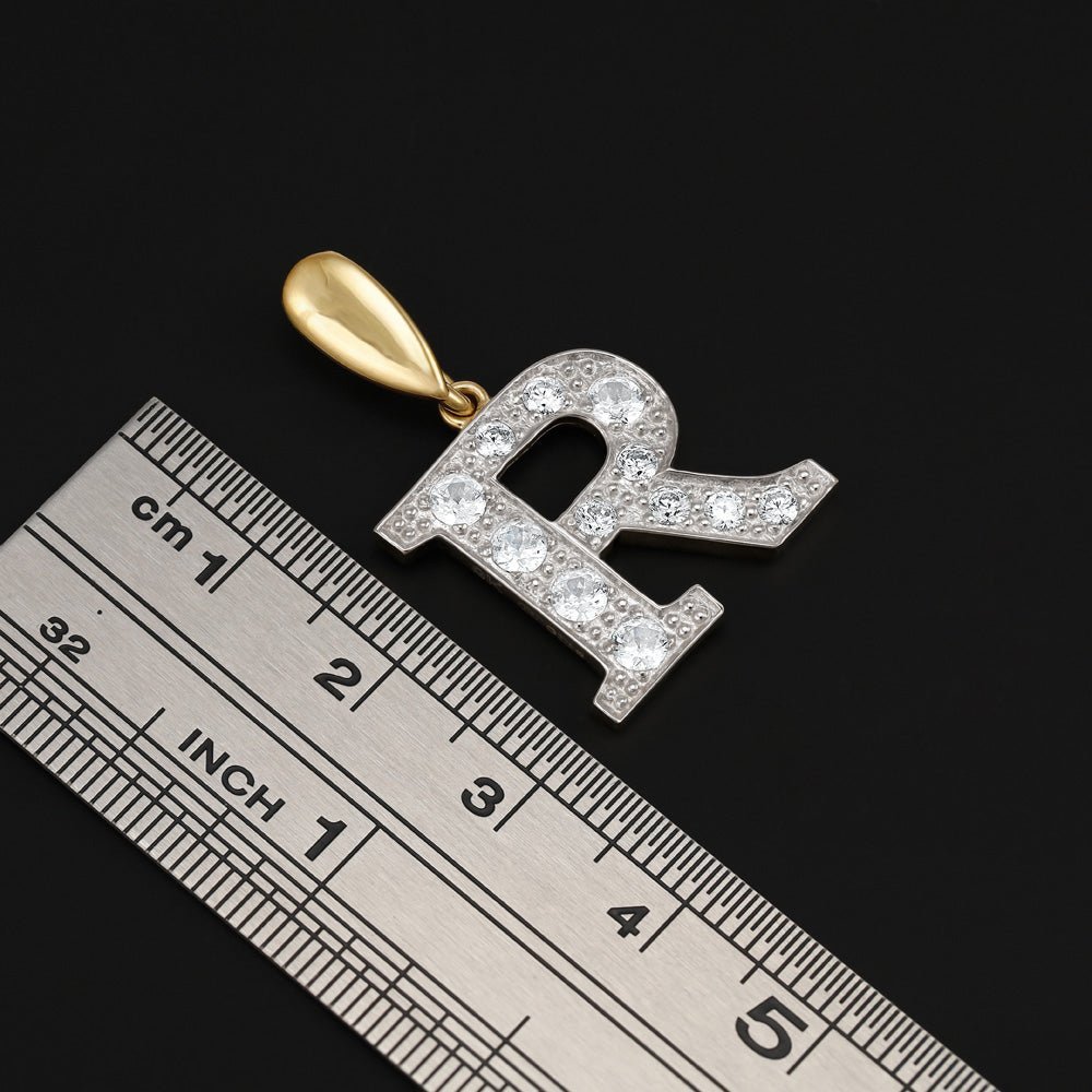 9ct Yellow Gold Large Cubic zirconia Intial Pendant R - FJewellery