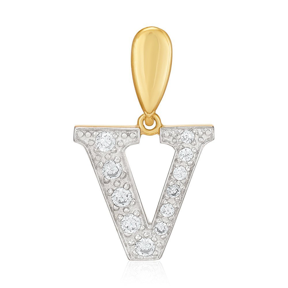 9ct Yellow Gold Large Cubic zirconia Intial Pendant V - FJewellery