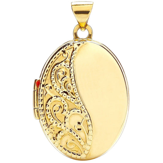 9ct Yellow Gold Left Side Decorated Oval Locket - FJewellery
