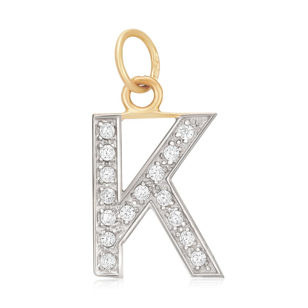 9ct Yellow Gold Medium Cubic zirconia Initial Pendant K - FJewellery