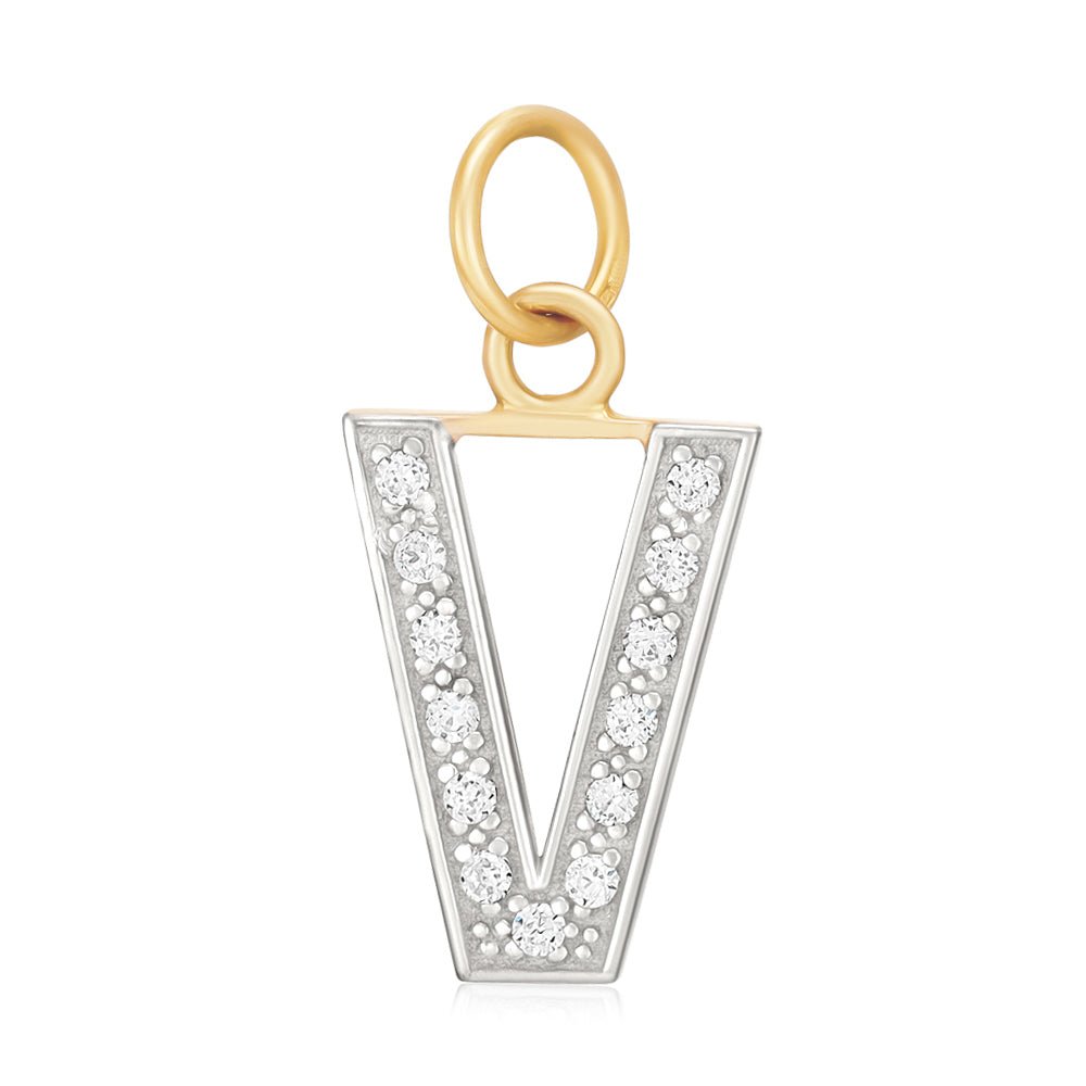 9ct Yellow Gold Medium Cubic zirconia Initial Pendant V - FJewellery