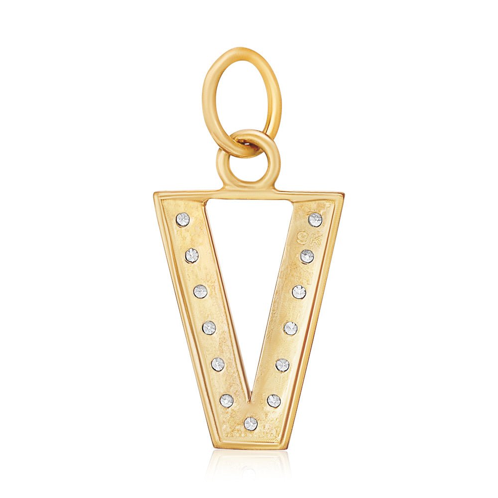 9ct Yellow Gold Medium Cubic zirconia Initial Pendant V - FJewellery