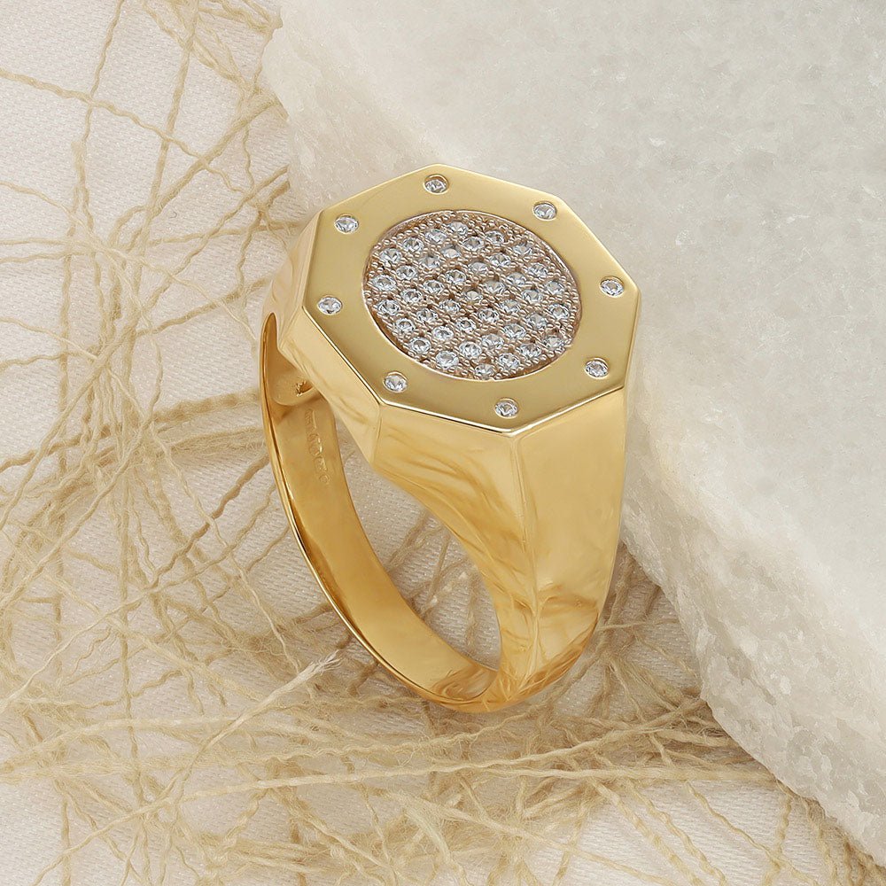 9ct Yellow Gold Octagon CZ Top Fashion Gents Ring - FJewellery