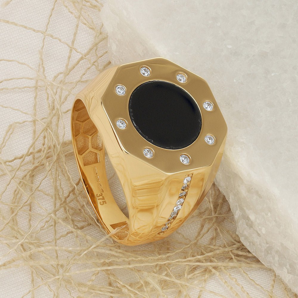 9ct Yellow Gold Octagon Shape with shoulder CZ Onyx Gents Ring DSHR0692 - FJewellery