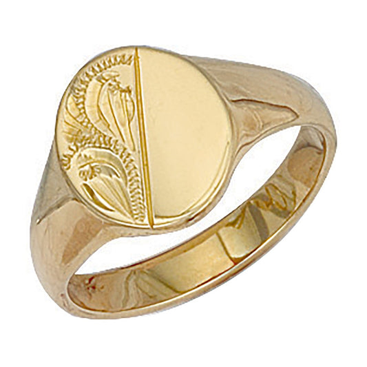 9ct Yellow Gold Oval Engraved Signet Ring - FJewellery