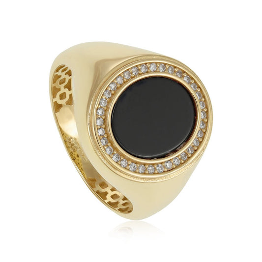 9ct Yellow Gold Oval Shape CZ & ONYX Gents Ring - FJewellery
