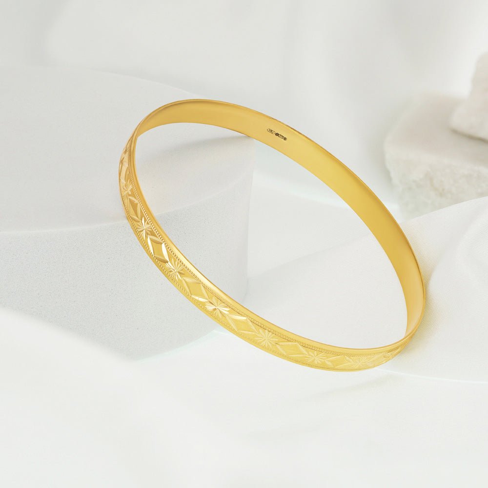 9ct Yellow Gold Patterened Slave Bangle 6mm - FJewellery