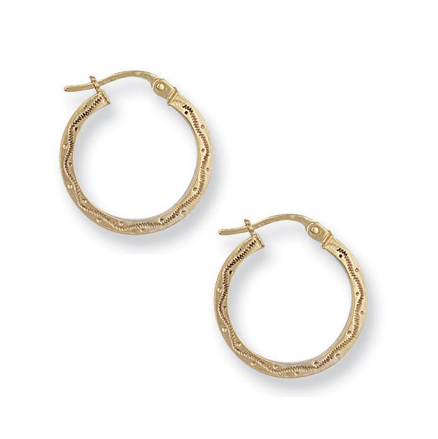 9ct Yellow Gold Pattern Design Hoop Earrings - FJewellery