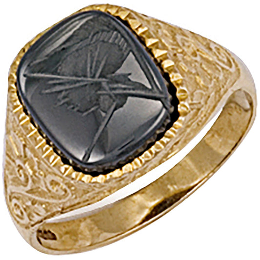 9ct Yellow Gold Patterned Side Hematite Ring - FJewellery