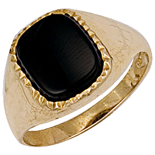 9ct Yellow Gold Plain Cushion Black Stone Ring - FJewellery