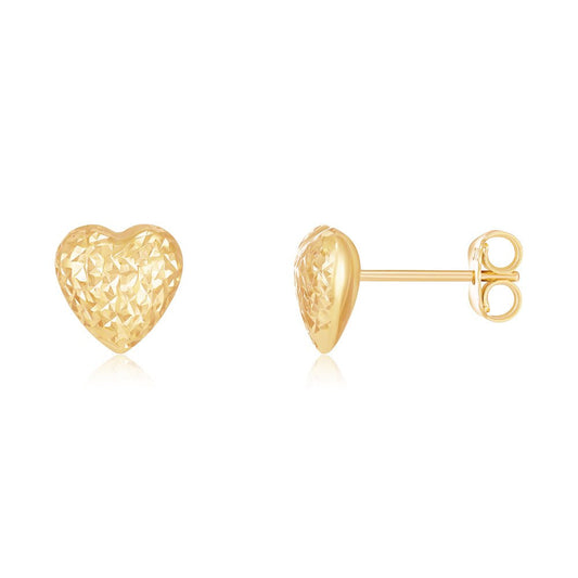 9ct Yellow Gold Puffed D&C Heart Stud Earrings - FJewellery