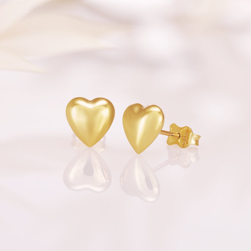 9ct Yellow Gold Puffed Heart Stud Earrings - FJewellery