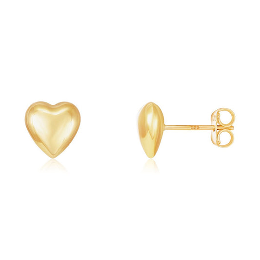 9ct Yellow Gold Puffed Heart Stud Earrings - FJewellery