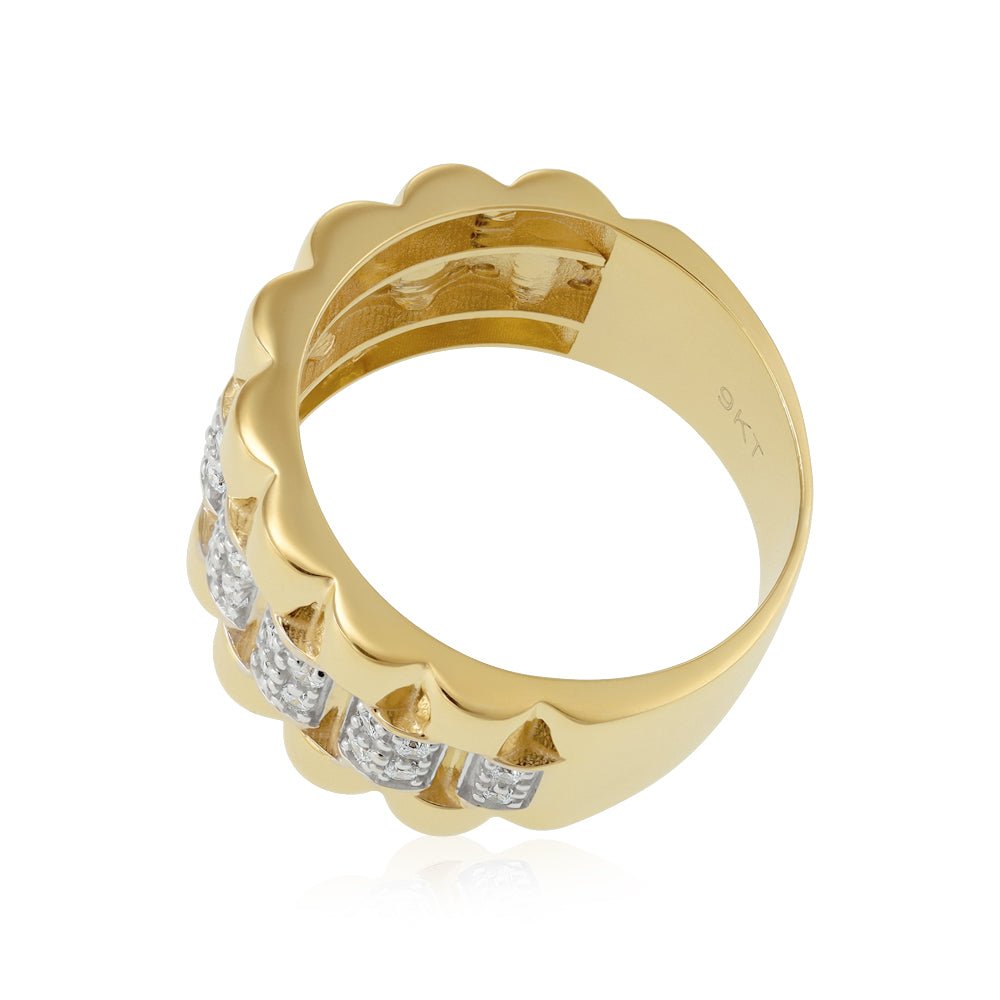 9ct Yellow Gold Ribbed Mens Cz Ring - FJewellery