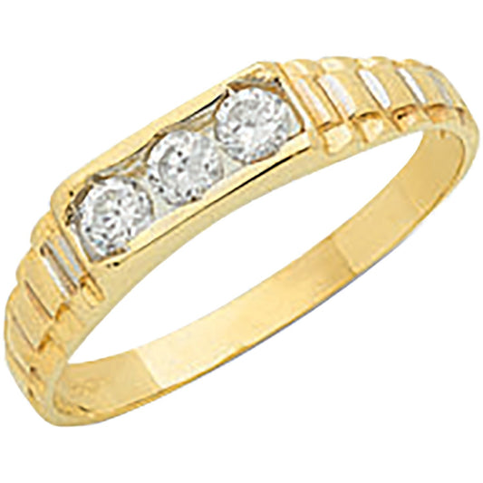 9ct Yellow Gold Ribbed Sides 3 Stone Cz Baby Ring - FJewellery