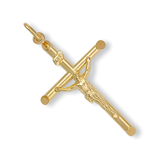 9ct Yellow Gold Round Tube Design Crucifix - FJewellery