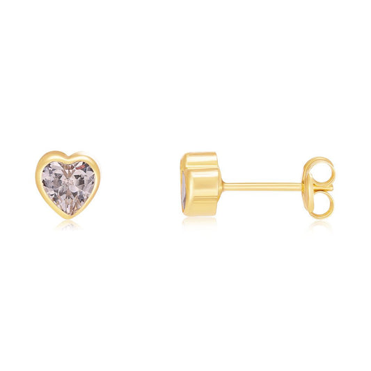 9ct Yellow Gold Rubover Set Heart Shaped Cz Studs - FJewellery