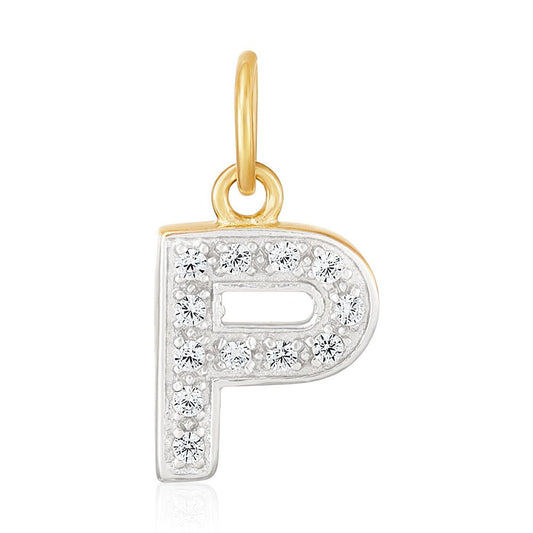 9ct Yellow Gold Small Cubic zirconia Initial Pendant P - FJewellery