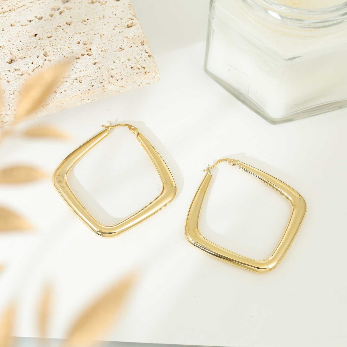 9ct Yellow Gold Square Hoop Earrings - FJewellery