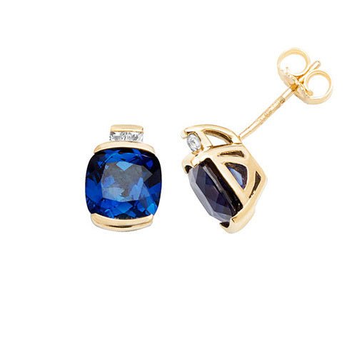 9ct Yellow Gold Stud Earrings Cushion Created Sapphire & White Sapphire - FJewellery