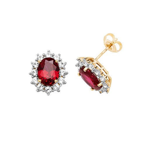 9ct Yellow Gold Stud Earrings Oval Created Ruby & White Sapphire - FJewellery