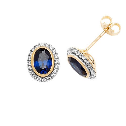 9ct Yellow Gold Stud Earrings Oval Created Sapphire & White Sapphire - FJewellery