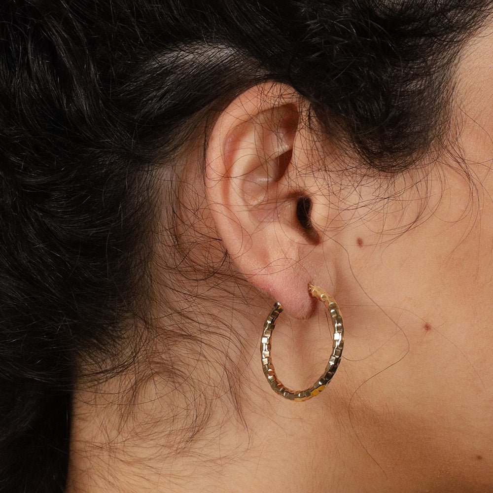 9ct Yellow Gold Textured Hoop Earrings - FJewellery