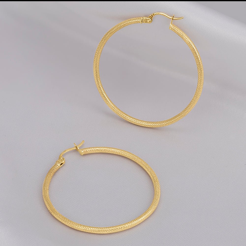 9ct Yellow Gold Textured Hoop Earrings ERV0177L - FJewellery