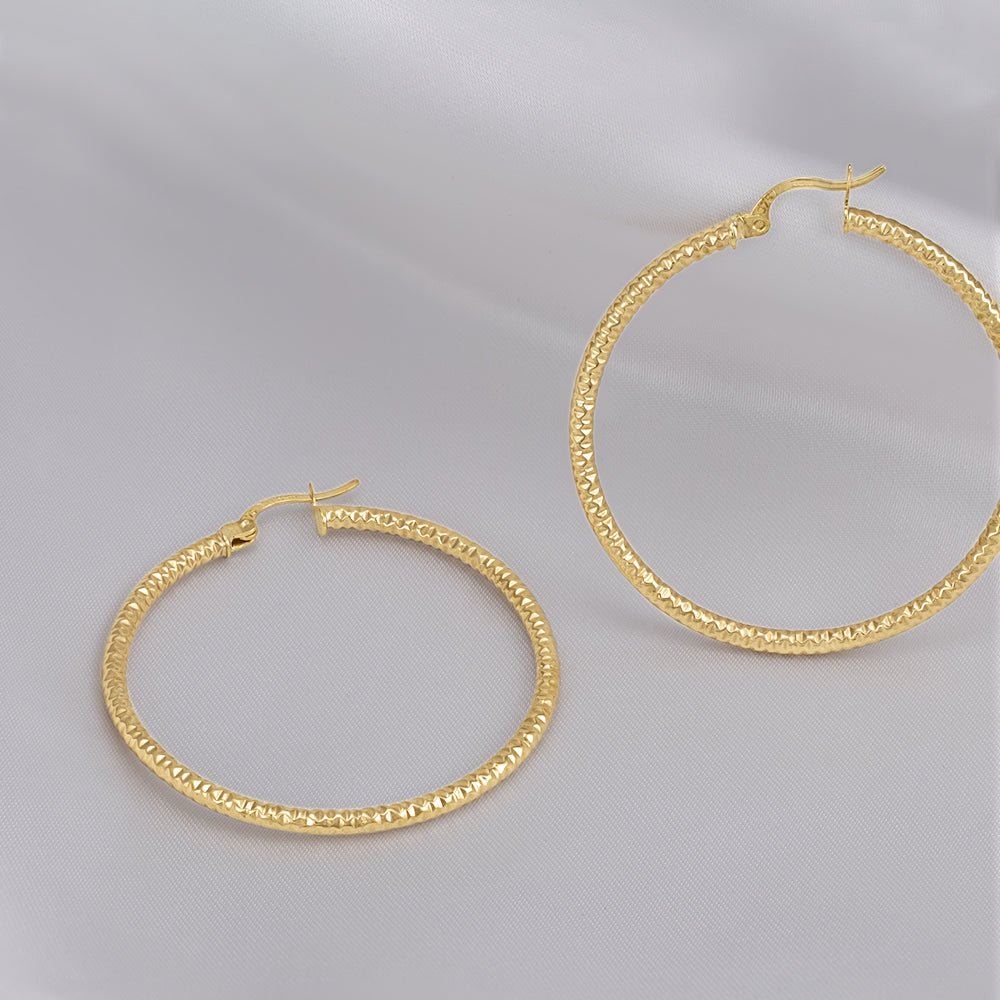 9ct Yellow Gold Textured Hoop Earrings ERV0192L - FJewellery