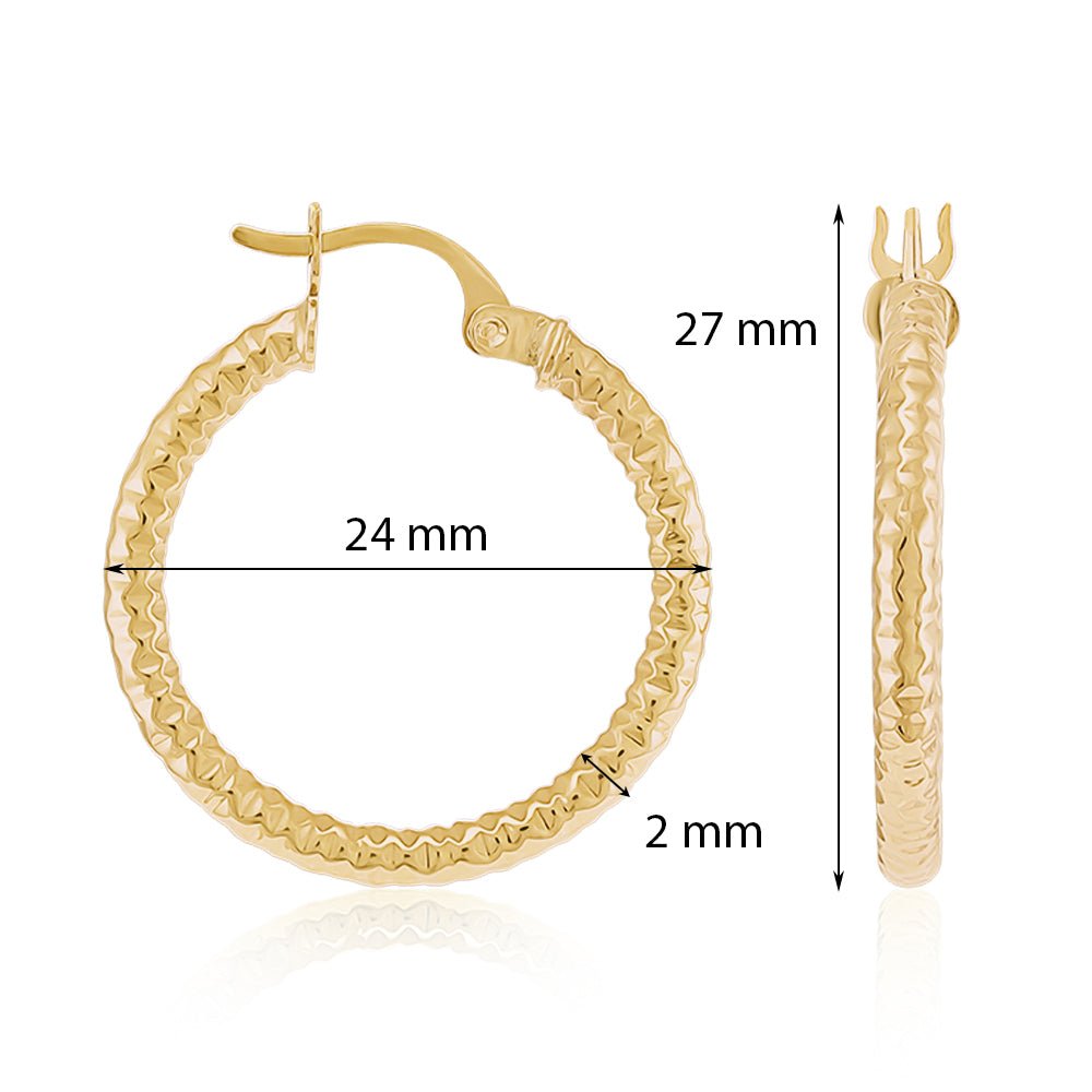 9ct Yellow Gold Textured Hoop Earrings ERV0192S - FJewellery