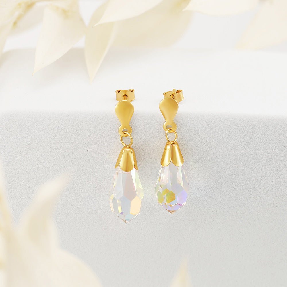 9ct Yellow Gold White Austrian Crystal Drop Studs - FJewellery