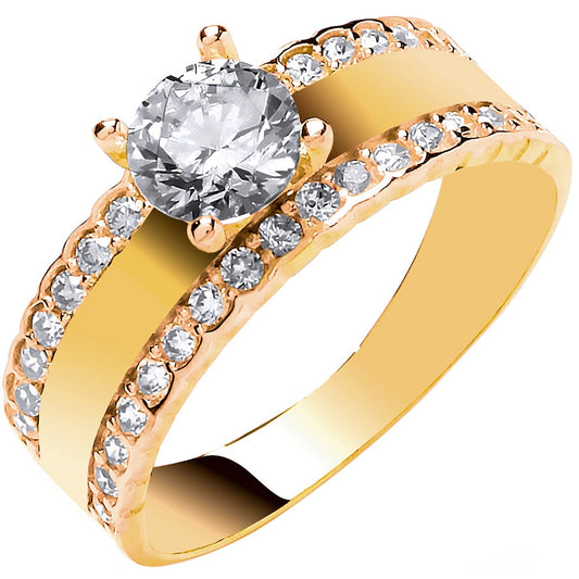 9ct Yellow Gold with Two Rows of CZ's Engagement Ring - FJewellery