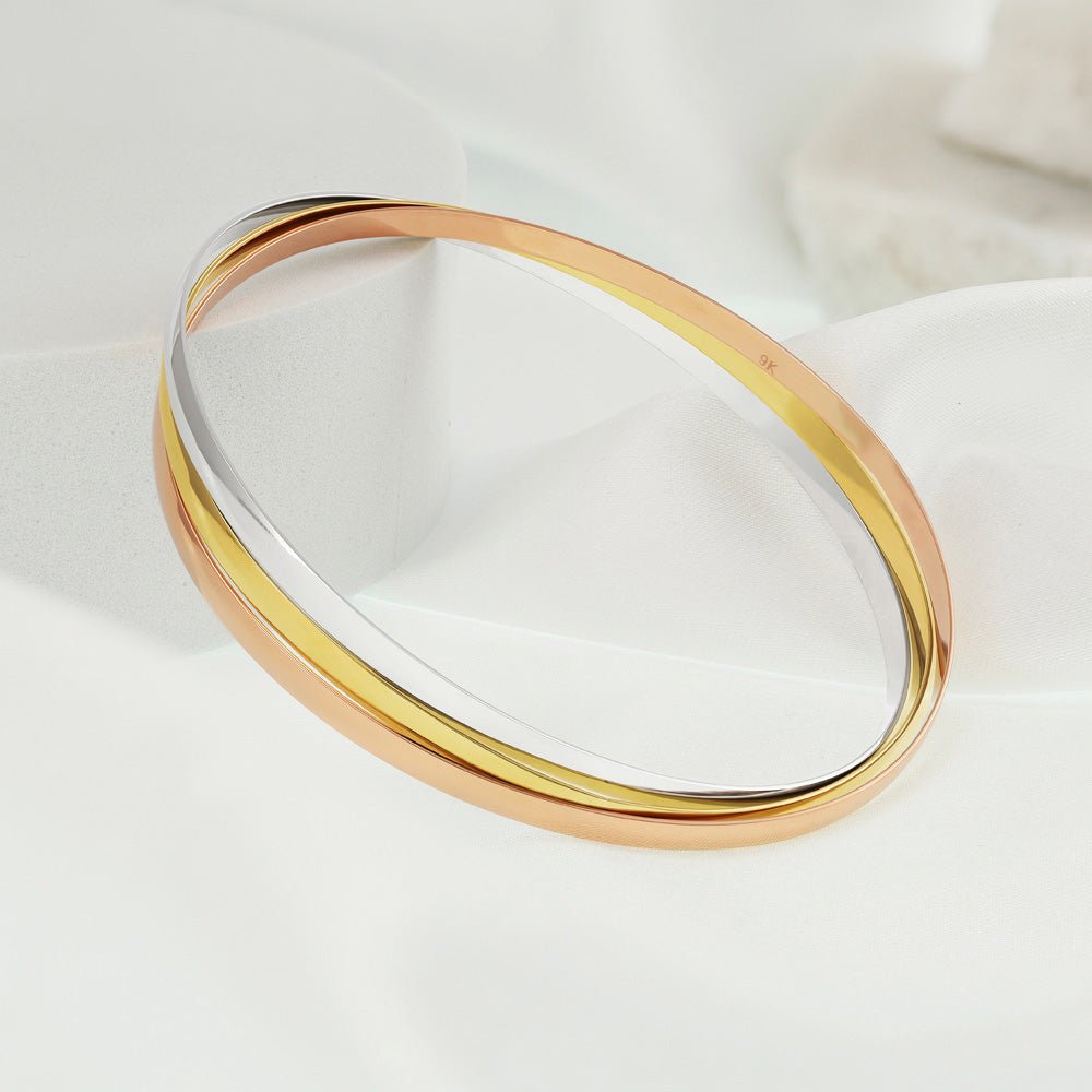9ct Yellow White And Rose Gold Russian Style 3mm Bangle - FJewellery