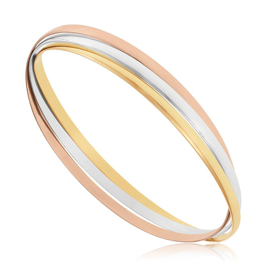 9ct Yellow White And Rose Gold Russian Style 3mm Bangle - FJewellery