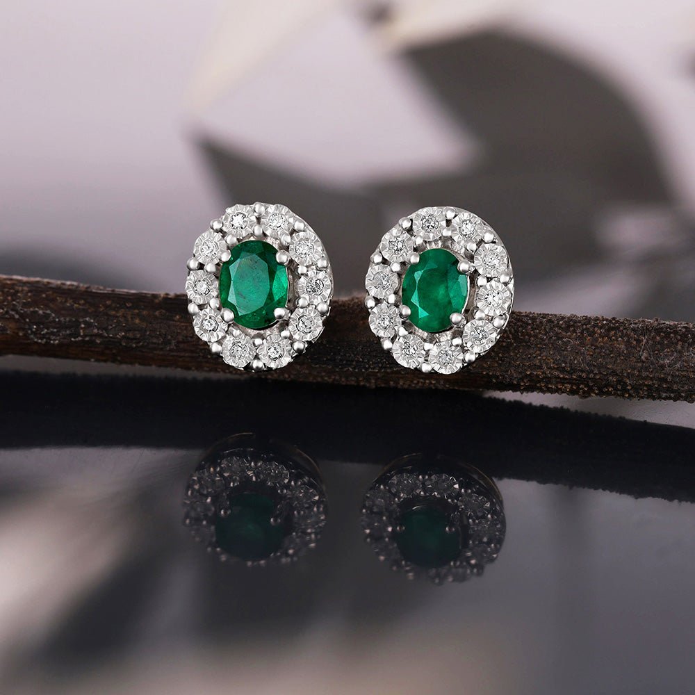 9ct YG 0.60ct Emerald & 0.08ct Diamond Oval Stud Earrings - FJewellery