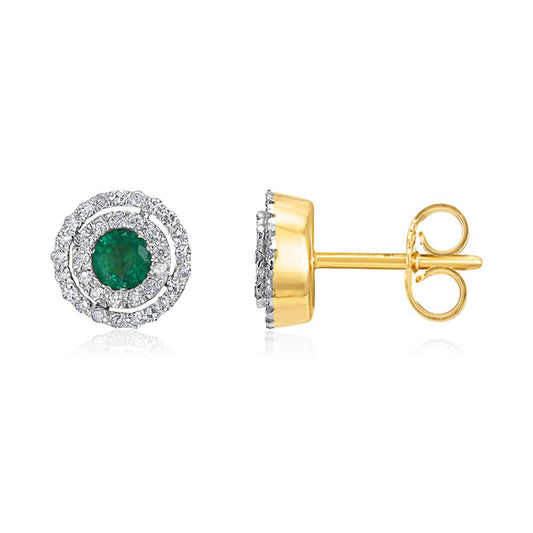 9ct YG Double Halo 0.25 Diamond & Emerald Round Stud Earrings - FJewellery