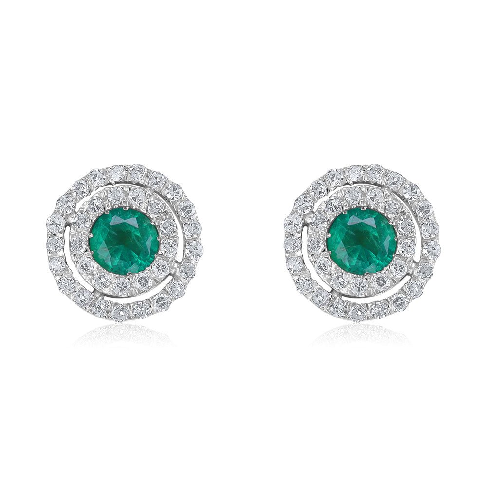 9ct YG Double Halo 0.25 Diamond & Emerald Round Stud Earrings - FJewellery