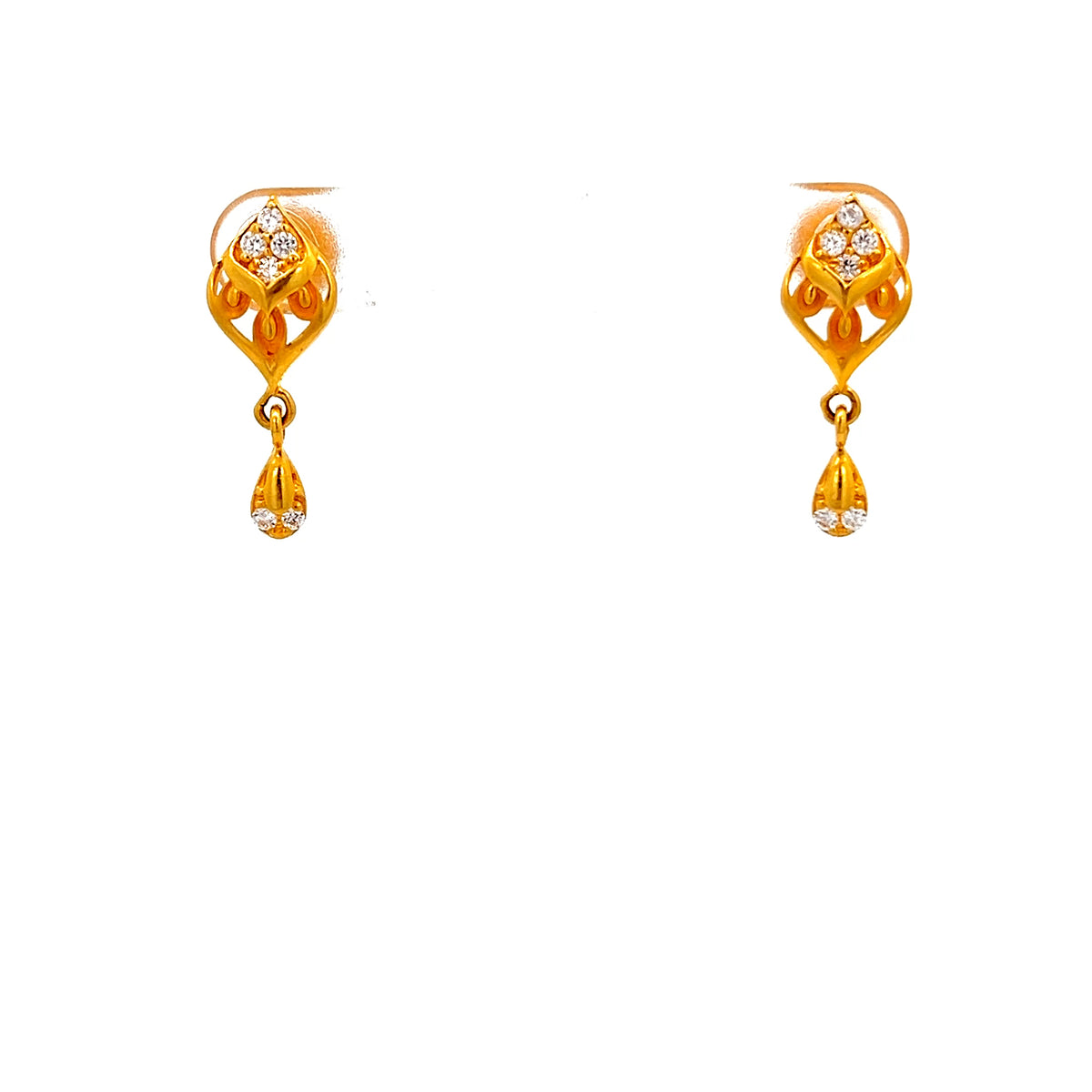 22ct Gold Floral Cluster Drop Earrings with Clear Stones