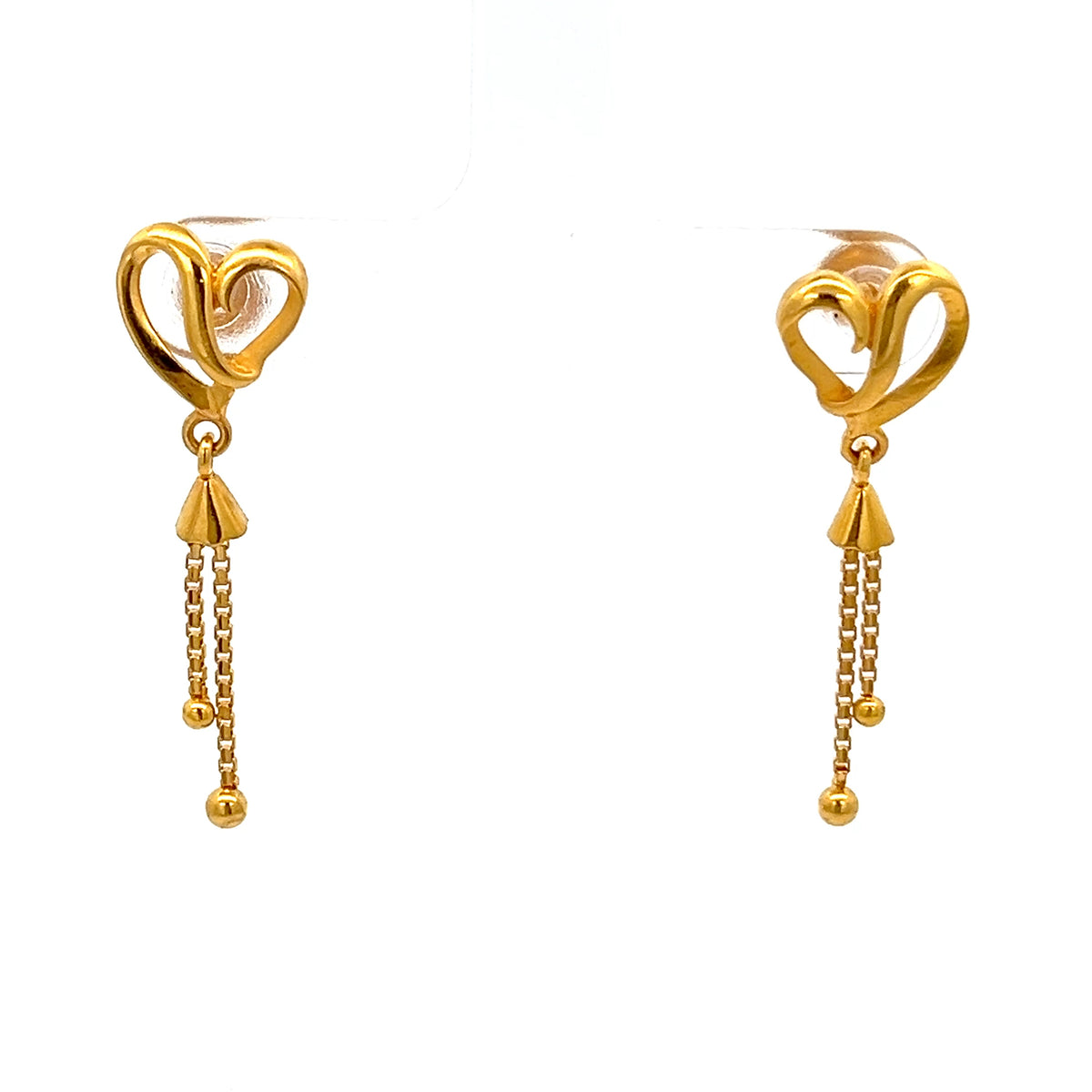 22ct Gold Heart Drop Earrings with Double Chain Tassels