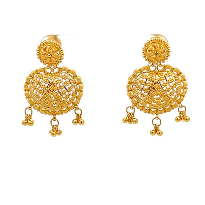 22ct Gold Filigree Round Drop Earrings with Beaded Dangles