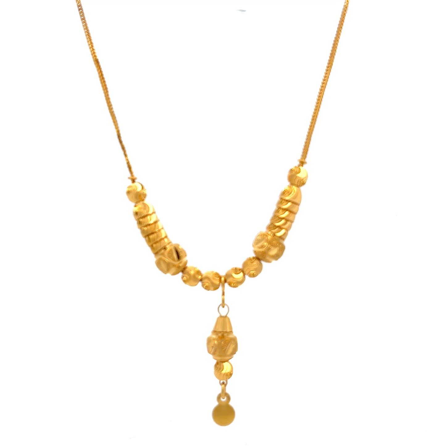 22ct Gold Necklace with Textured Bead and Drop Pendant