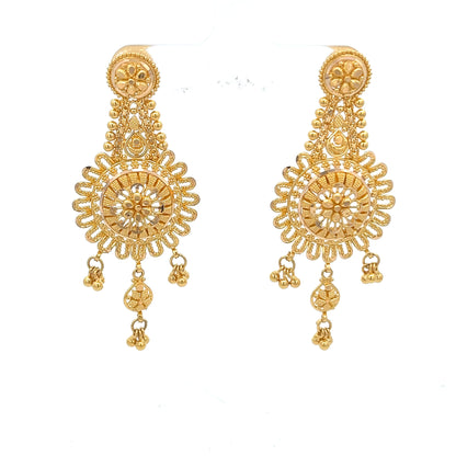22ct Gold Floral Filigree Drop Earrings with Beaded Fringe