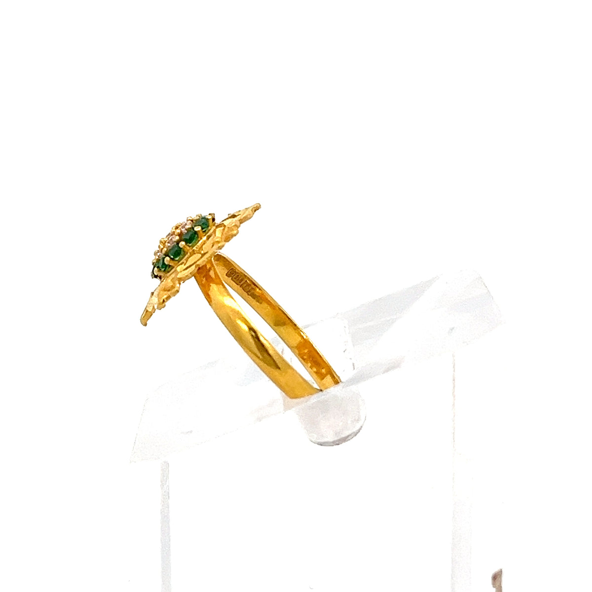 22ct Gold Floral Cluster Ring with Clear and Green Stones