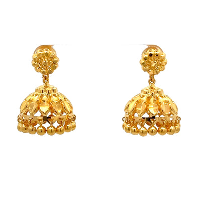 22ct Gold Jhumka Drop Earrings with Textured Dome Design