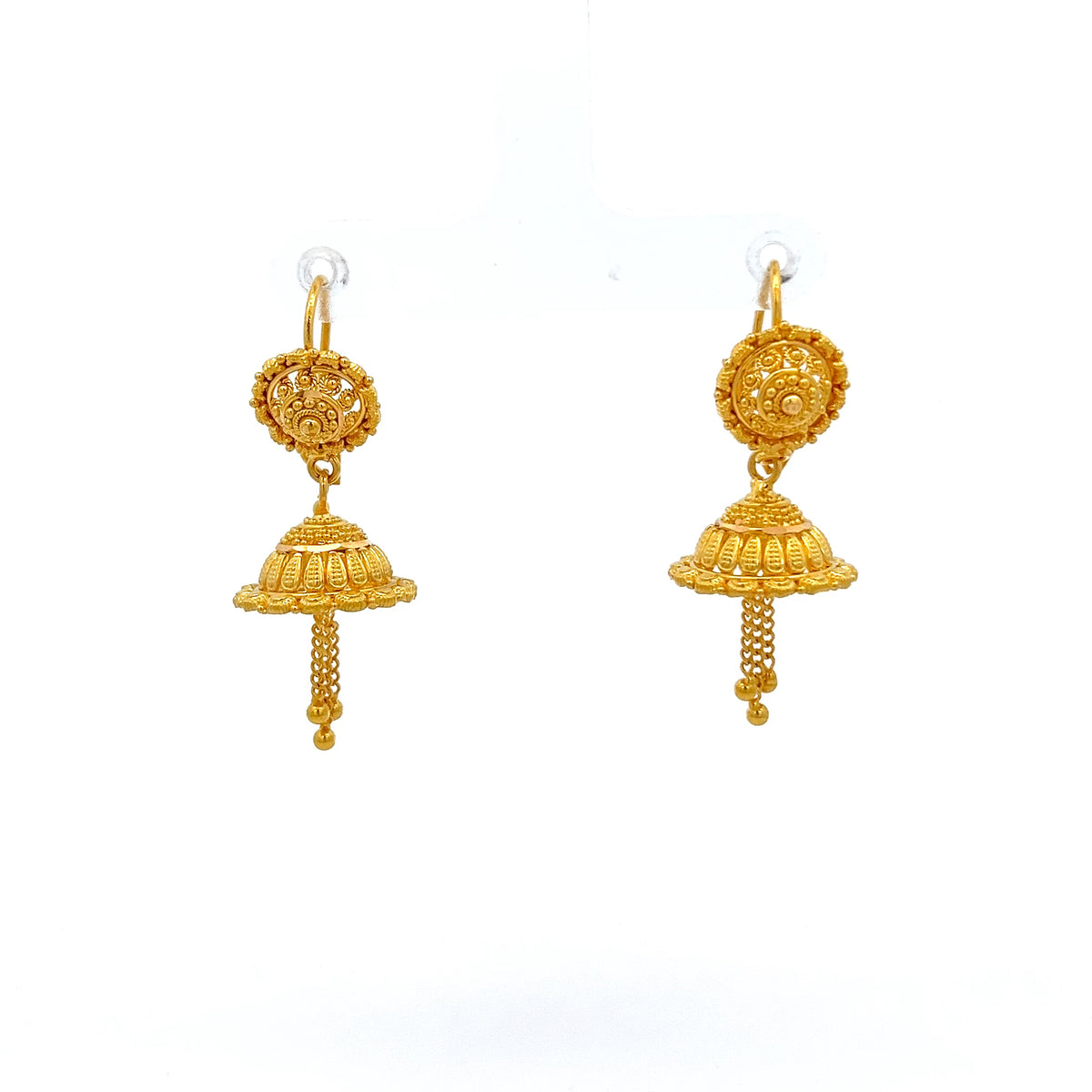 22ct Gold Jhumka Drop Earrings with Chain Tassel Detail