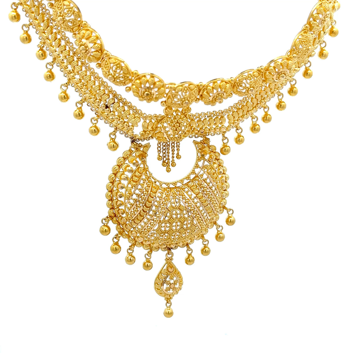 22ct Gold Ornate Filigree Pendant Necklace with Hanging Beads