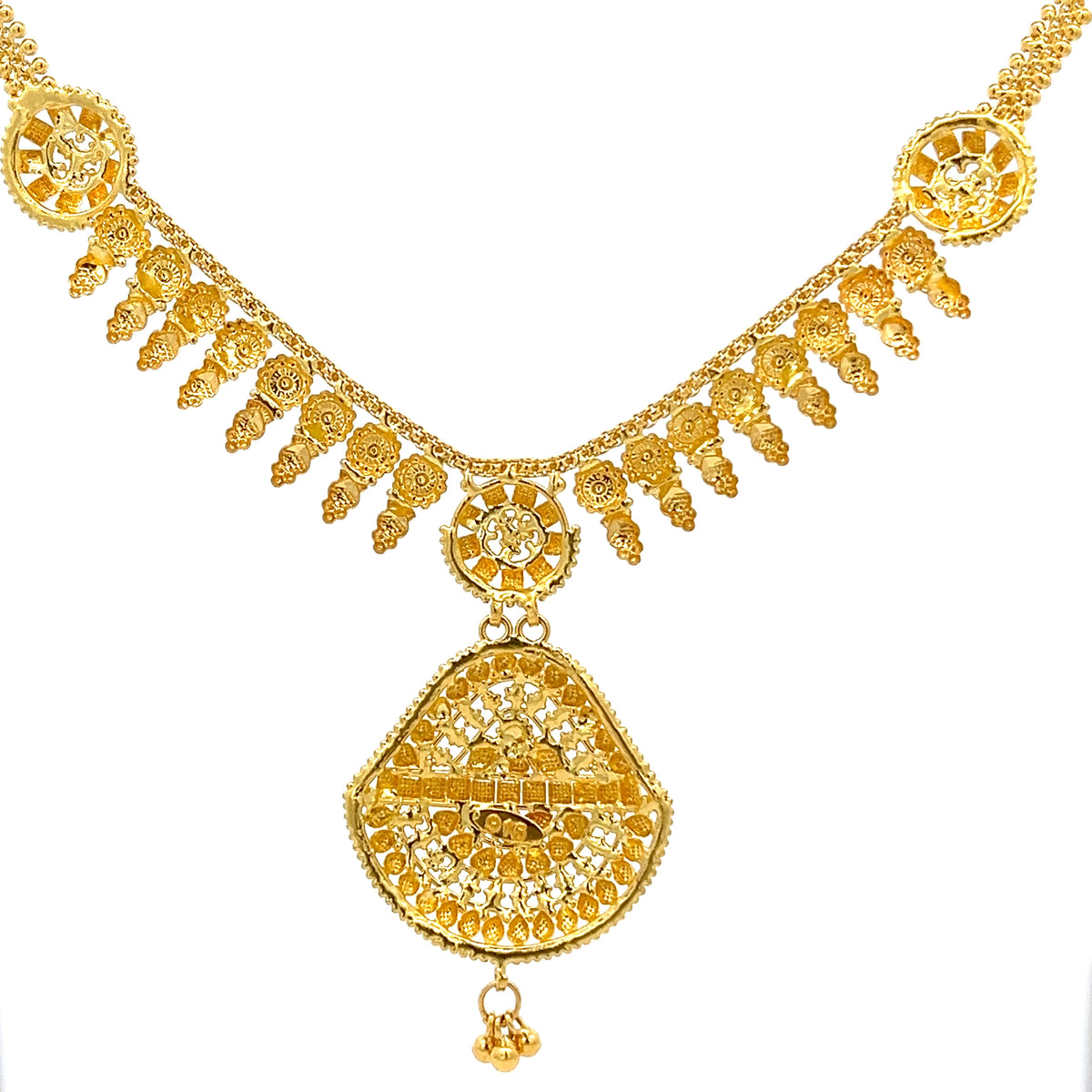 22ct Gold Necklace with Ornate Circular Pendant and Drops