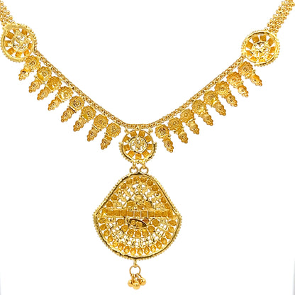 22ct Gold Necklace with Ornate Circular Pendant and Drops