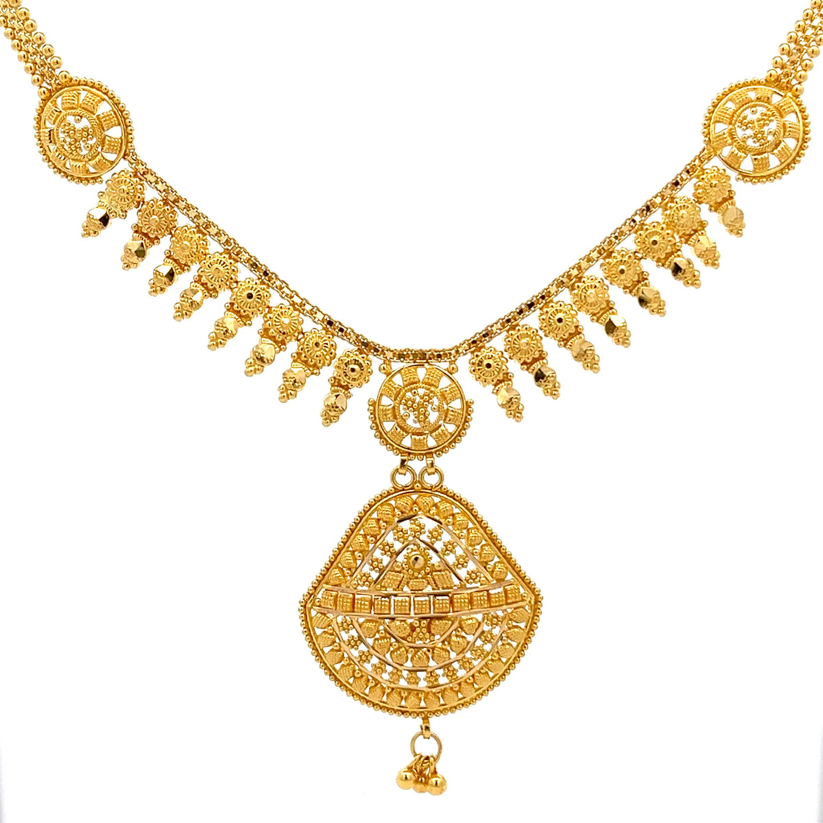 22ct Gold Necklace with Ornate Circular Pendant and Drops