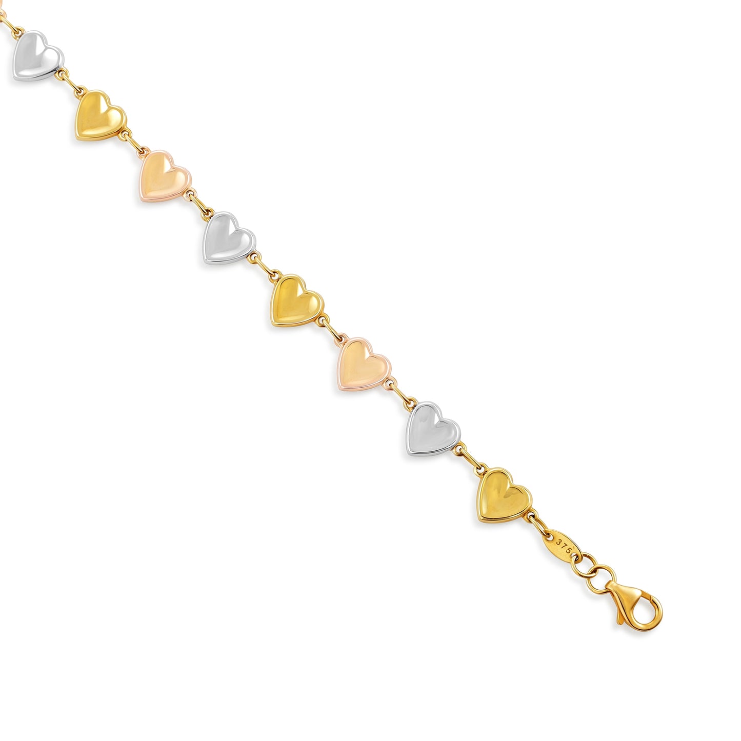 9ct Tri Colour Gold Heart Design Bracelet